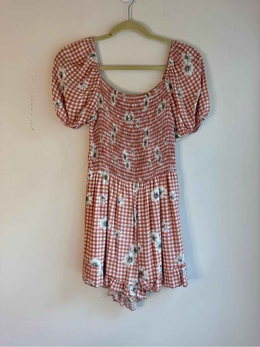 Peach Love California Rust Gingham Floral Smocked Romper